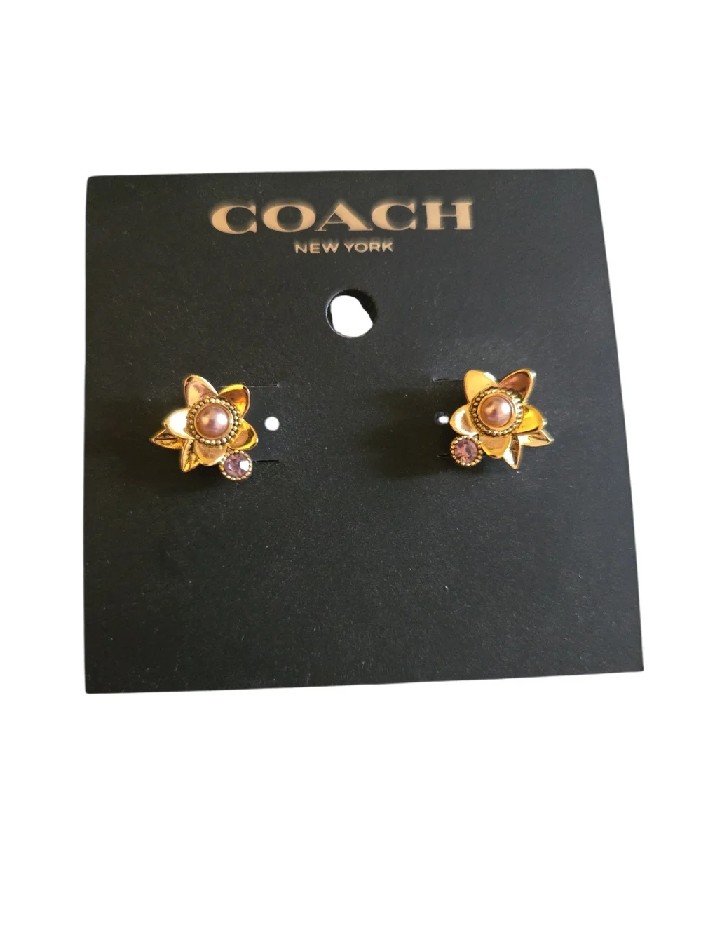 NWT Coach Gold Tone Wildflower Stud Earrings Pink Pearl Pink Crystal Gem - Picture 5 of 5